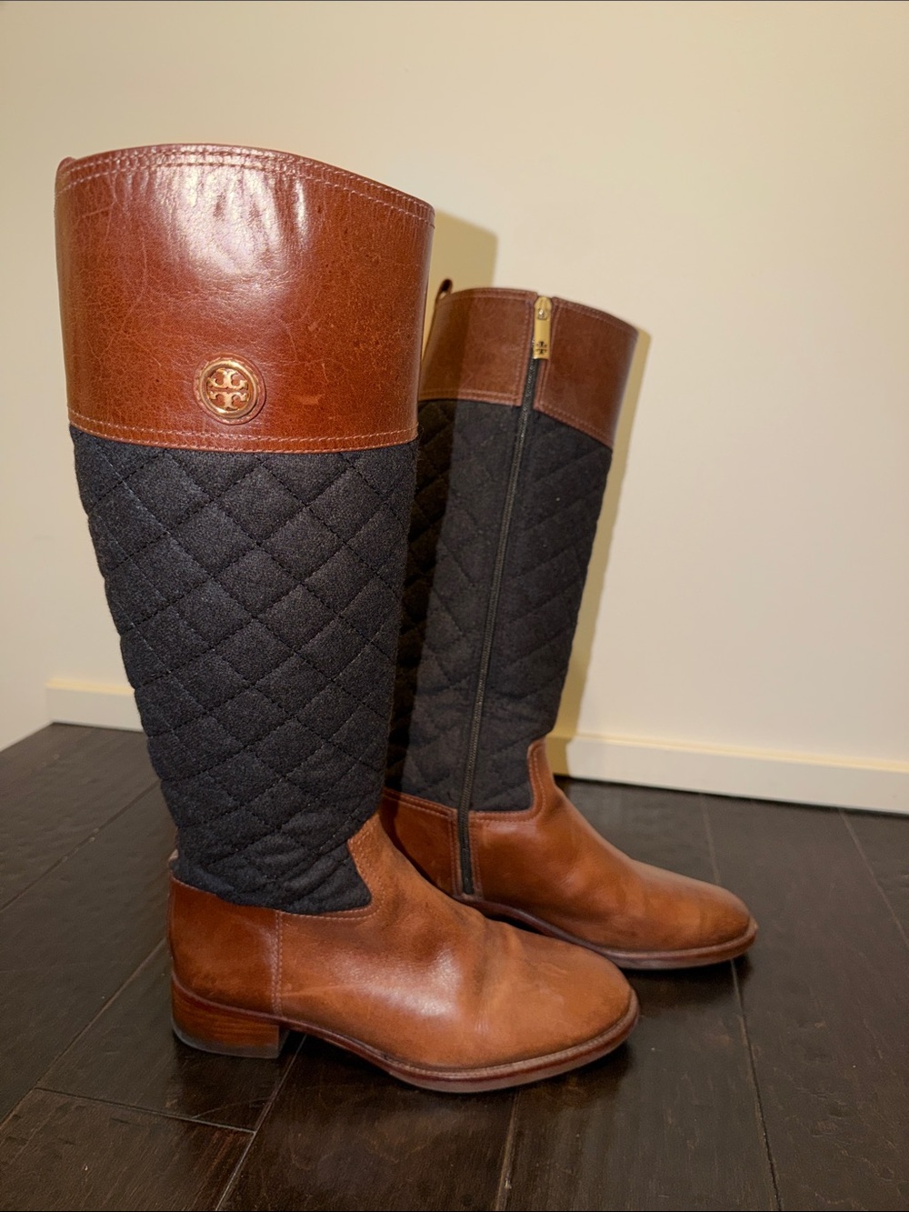 Tory Burch Brown Leather and Black Quilted Over-the-Knee Boots